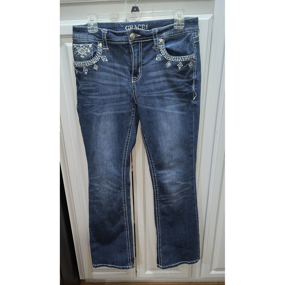Grace in LA Womens Embroidered Bootcut Jeans Dark Wash Stretch 30 Southwestern